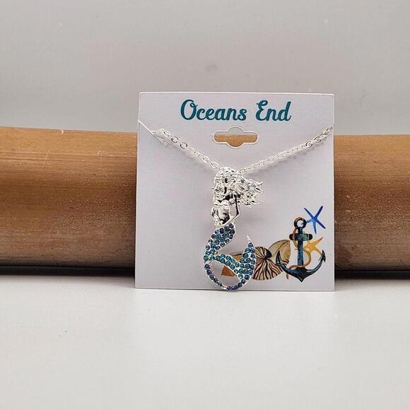 Mermaid Blue Rhinestones Silver Necklace 18" with 3" ext - Picture 1 of 4